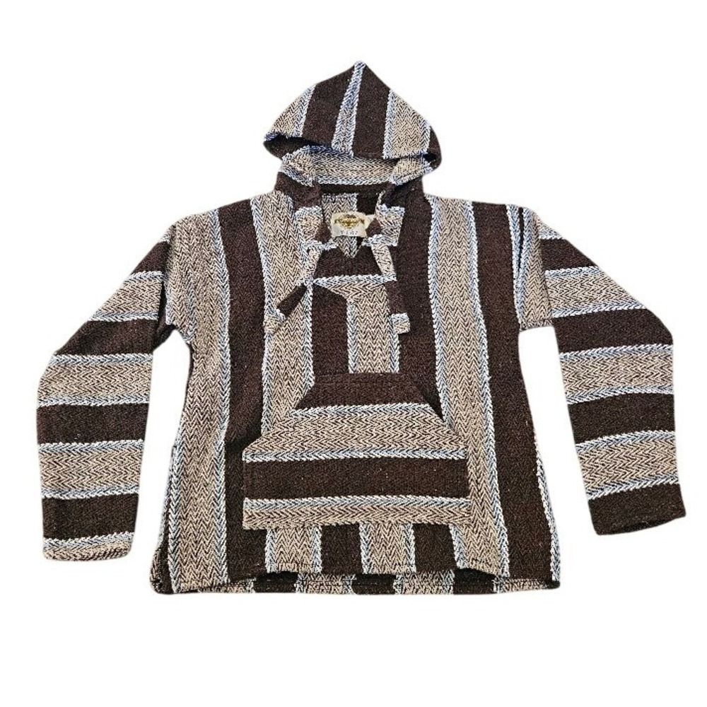 Earth Ragz Kidz Kids Baja Hoodie Brown Tan Blue Striped Pullover Poncho Large